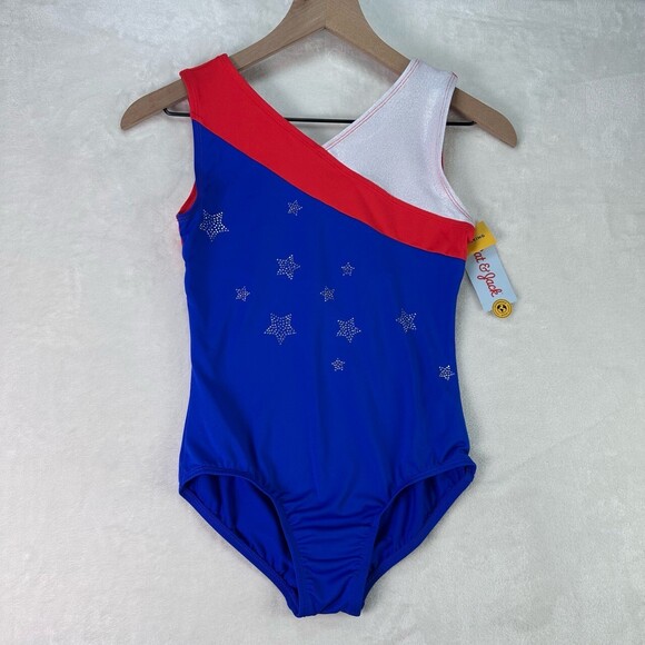 NWT Girls Red Wt Blue Star Embellished Sleeveless Asymmetric Flag Leotard XL14 - Picture 10 of 10